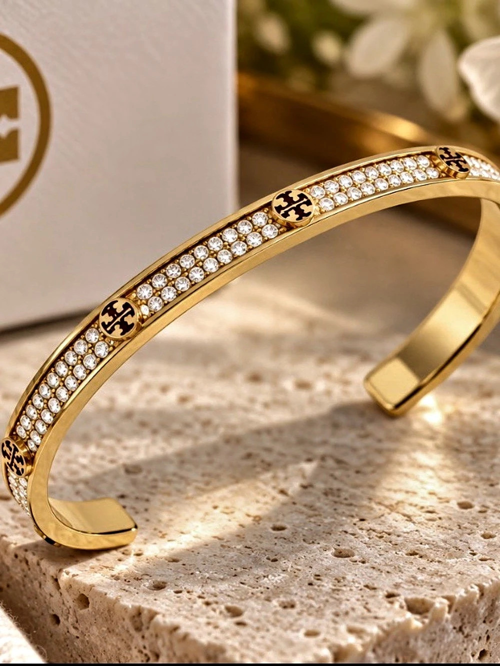 Tory Burch Gold Pavé Crystal Logo Cuff Bracelet.